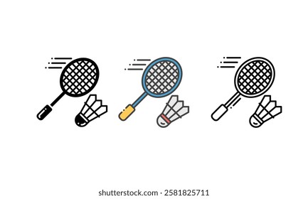 badminton icon - with racket and shuttlecock. vector icons with Outline, Glyph and Filled Outline Style