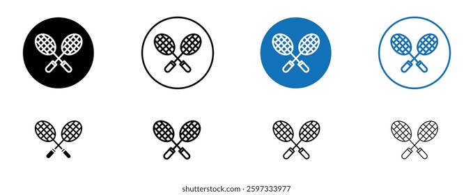 Badminton icon set in black and blue colors on white background