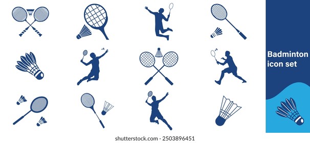 Badminton icon set contains beautiful icons of player, bat, cork, badminton game