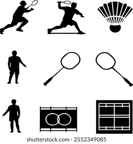 Badminton icon set contains beautiful icons of player, bat, cork, badminton game