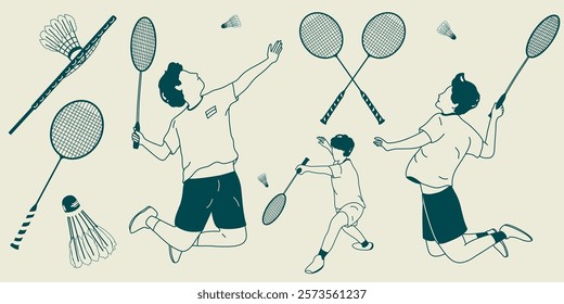 Badminton icon set hand drawn illustration 