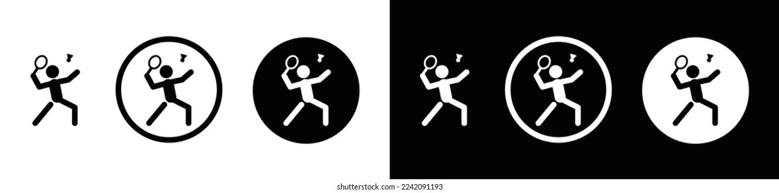 Badminton icon vector. Badminton sport icon. Simple person hitting or smashing a shuttlecock sign in black and white circle for sports app and websites, symbol illustration