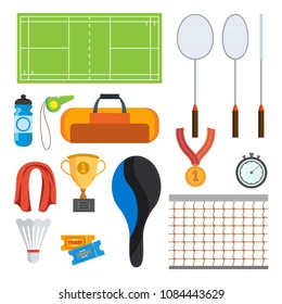 Badminton Icons Set Vector. Badminton Accessories. Isolated Flat Cartoon Illustration
