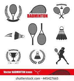 Badminton Icons. Vector illustration of logos of shuttlecock with badminton racket, winner cup and woman with racket . 