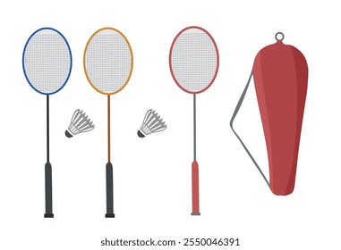 Badminton Ilustração Clip Art Set, Sport Racket Sport Vetor Colorido E Desenho De Equipamentos, Único Jogo De Jogador De Badminton Sportsman Silhueta Contorno Com Símbolo Silhueta, Jogando Team Sport.