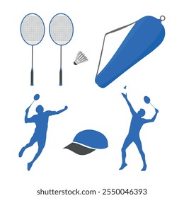 Badminton Ilustração Clip Art Set, Sport Racket Sport Vetor Colorido E Desenho De Equipamentos, Único Jogo De Jogador De Badminton Sportsman Silhueta Contorno Com Símbolo Silhueta, Jogando Team Sport.