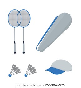 Badminton Ilustração Clip Art Set, Sport Racket Sport Vetor Colorido E Desenho De Equipamentos, Único Jogo De Jogador De Badminton Sportsman Silhueta Contorno Com Símbolo Silhueta, Jogando Team Sport.