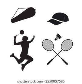 Badminton Illustration Clip Art And Silhouette Set, Racket Sport Outline And equipment, Professional Badminton Player Silhouette Outline With Element Symbol, Playing Team Sport Feather Collection.