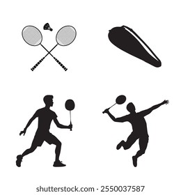 Badminton Illustration Clip Art And Silhouette Set, Racket Sport Outline And equipment, Professional Badminton Player Silhouette Outline With Element Symbol, Playing Team Sport Feather Collection.