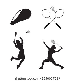 Badminton Illustration Clip Art And Silhouette Set, Racket Sport Outline And equipment, Professional Badminton Player Silhouette Outline With Element Symbol, Playing Team Sport Feather Collection.