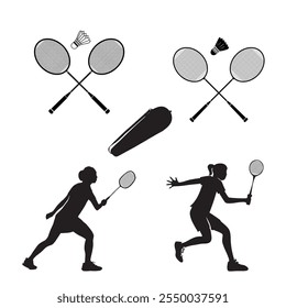 Badminton Illustration Clip Art And Silhouette Set, Racket Sport Outline And equipment, Professional Badminton Player Silhouette Outline With Element Symbol, Playing Team Sport Feather Collection.