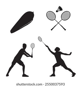 Badminton Illustration Clip Art And Silhouette Set, Racket Sport Outline And equipment, Professional Badminton Player Silhouette Outline With Element Symbol, Playing Team Sport Feather Collection.