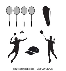 Badminton Illustration Clip Art Vector Set, Racket Sport Colorful Vector And Equipment, Creative Badminton Player Silhouette Outline With Symbol Silhouette, Playing Team Sport training Feather Set.