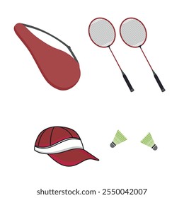 Badminton Illustration Clip Art Vector Set, Racket Sport Colorful Vector And Equipment, Creative Badminton Player Silhouette Outline With Symbol Silhouette, Playing Team Sport training Feather Set.