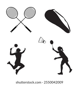 Badminton Illustration Clip Art Vector Set, Racket Sport Colorful Vector And Equipment, Creative Badminton Player Silhouette Outline With Symbol Silhouette, Playing Team Sport training Feather Set.