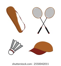 Badminton Illustration Clip Art Vector Set, Racket Sport Colorful Vector And Equipment, Creative Badminton Player Silhouette Outline With Symbol Silhouette, Playing Team Sport training Feather Set.