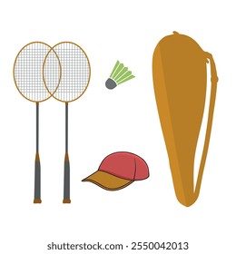 Badminton Illustration Clip Art Vector Set, Racket Sport Colorful Vector And Equipment, Creative Badminton Player Silhouette Outline With Symbol Silhouette, Playing Team Sport training Feather Set.