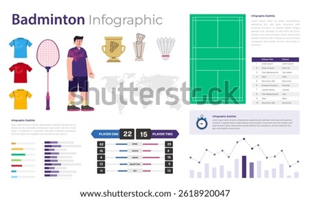 Badminton infographic game sport elements graphic icon of championship court statistics player shuttlecocks racket and data information layout