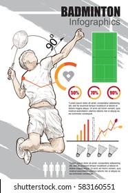 badminton infographic vector. hand drawn illustration of badminton player