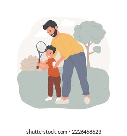 Badminton isolated cartoon vector illustration. Father and son playing badminton together, beat a shuttlecock with a racket, family active lifestyle, family physical activity vector cartoon.