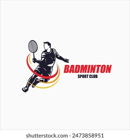 Badminton Jumping Smash Illustration logo design. Modern Passionate Badminton Player In Action Logo design template