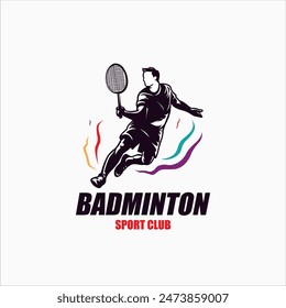 Badminton Jumping Smash Illustration logo design. Modern Passionate Badminton Player In Action Logo design template