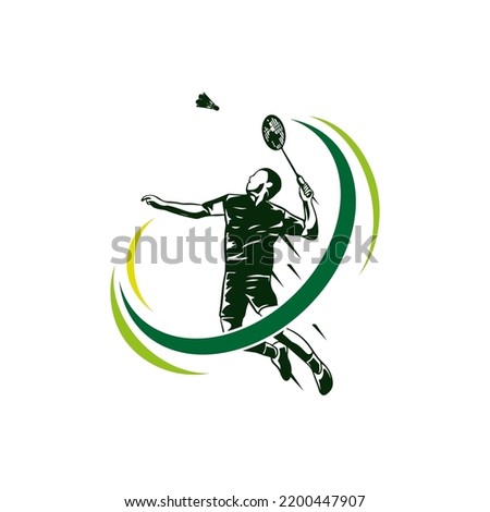 Badminton Jumping Smash Illustration logo design. Modern Passionate Badminton Player In Action Logo design template