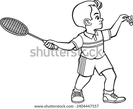 badminton kid image line vector illustration isolated on white background