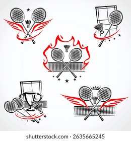 Etiquetas de bádminton y conjunto de iconos. Iconos de colección de bádminton. Vector