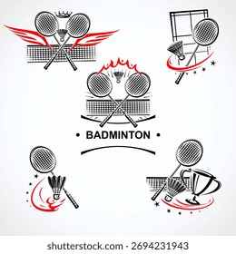 Etiquetas de bádminton y conjunto de iconos. Iconos de colección de bádminton. Vector