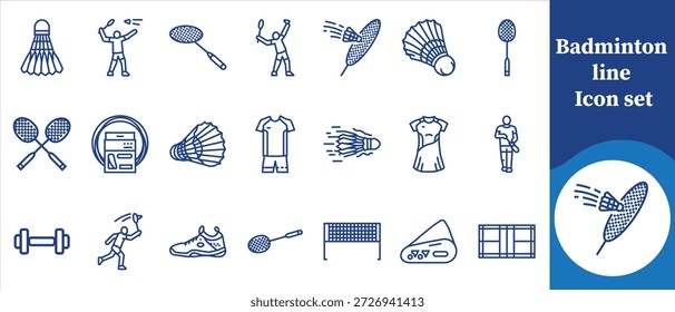 Badminton line icon set, shuttle design, sports equipment, racket icon, racket vector, outdoor sports, racket sports, sports icon, crossed rackets, indoor games, athletic games and more