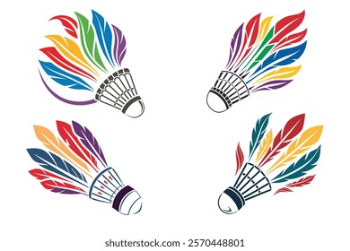 Badminton logo design, stylized shuttlecock, colorful feathers, rainbow palette, abstract shape, dynamic motion, sport emblem, modern graphic design