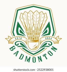 Badminton logo. racket and shuttlecock laurel circle decoration vintage style for badminton sport club