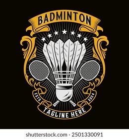 Badminton logo, vintage style racket and shuttlecock ornament, badminton sports tournament championship