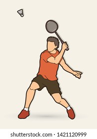 Badminton male player action with racket and shuttlecock cartoon graphic vector.