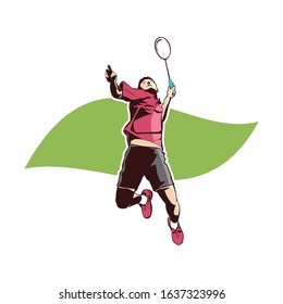 Badminton male player action with racket and shuttlecock cartoon graphic vector