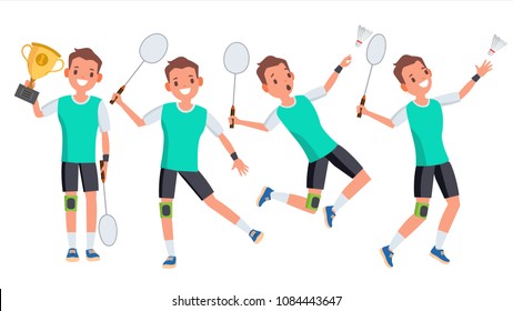 Badminton Male Player Vector. Playing In Different Poses. Man Athlete. Isolated On White Cartoon Character Illustration