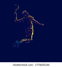 Badminton man smash shot line pop art portrait logo.  Colorful design with dark background. Abstract vector illustration. Isolated black background for t-shirt, poster, clothing, merch, apparel, badge design