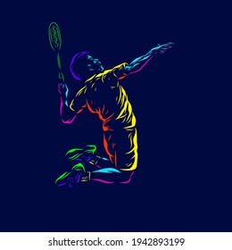 Badminton man smash shot vector silhouette line pop art potrait logo colorful design with dark background. Abstract vector illustration. Isolated black background for t-shirt, poster, clothing.
