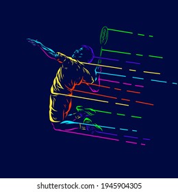 Badminton man smash shot vector silhouette line pop art potrait logo colorful design with dark background. Abstract vector illustration. Isolated black background for t-shirt, poster, clothing.