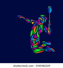 Hombre de Badminton destroza la silueta vectorial línea de arte pop retrato logo de diseño colorido con fondo oscuro. Ilustración del vector abstracto. Fondo negro aislado para camiseta, afiche, ropa.