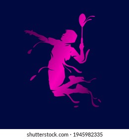 Badminton man smash shot vector silhouette line pop art potrait logo colorful design with dark background. Abstract vector illustration. Isolated black background for t-shirt, poster, clothing.