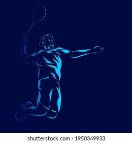 Hombre de Badminton destroza la silueta vectorial línea de arte pop retrato logo de diseño colorido con fondo oscuro. Ilustración del vector abstracto. Fondo negro aislado para camiseta, afiche, ropa.