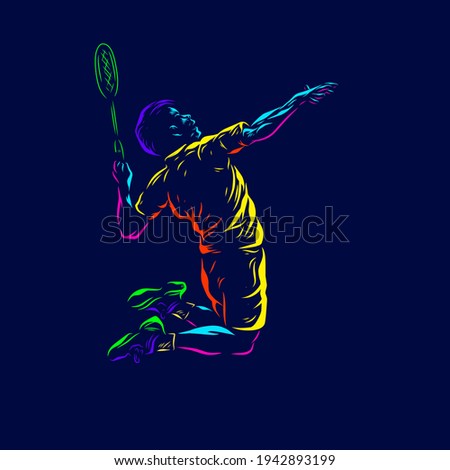 Badminton man smash shot vector silhouette line pop art potrait logo colorful design with dark background. Abstract vector illustration. Isolated black background for t-shirt, poster, clothing.