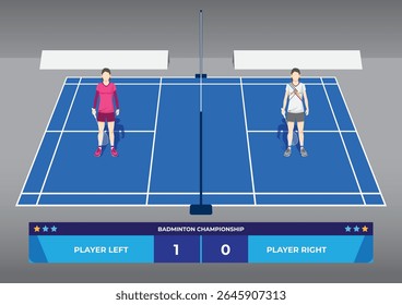 Badminton Match Female Single Players on Court with Scoreboard Illustration