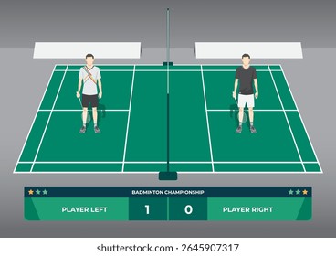 Badminton Match Male Single Players on Court with Scoreboard Illustration
