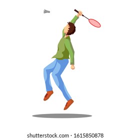 Badminton Men. Sports background with badminton athletes who play athletic competitions. Illustration of isolated isometric person.