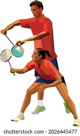 Badminton mixed doubles team, man and woman start badminton game, vector sports illustration in polygonal triangles design style