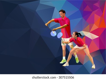 Equipo mixto de dobles Badminton, hombre y mujer inician juego de bádminton, afiche de ilustración deportiva vectorial o banner en estilo de diseño de triángulos poligonales