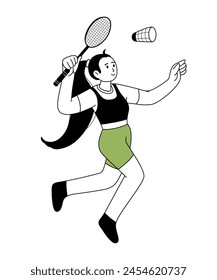 Badminton outline illustration. One Badminton player jumping smash shot. Character for sports standings web, postcard, mascot, sport school. Healthy lifestyle background. Vector line illustration.